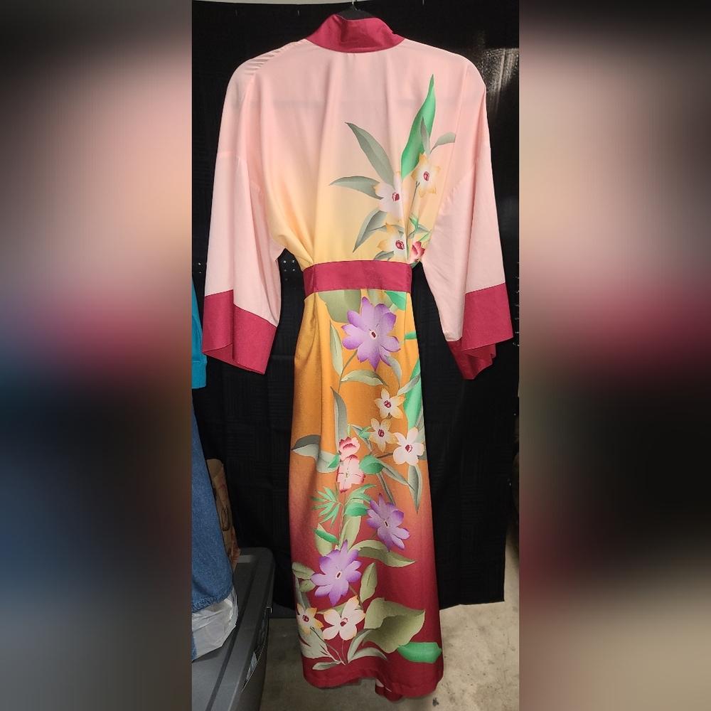 EUC Soft Surroundings Peach Kimono With Green And Purple Accents - Picture 3 of 4